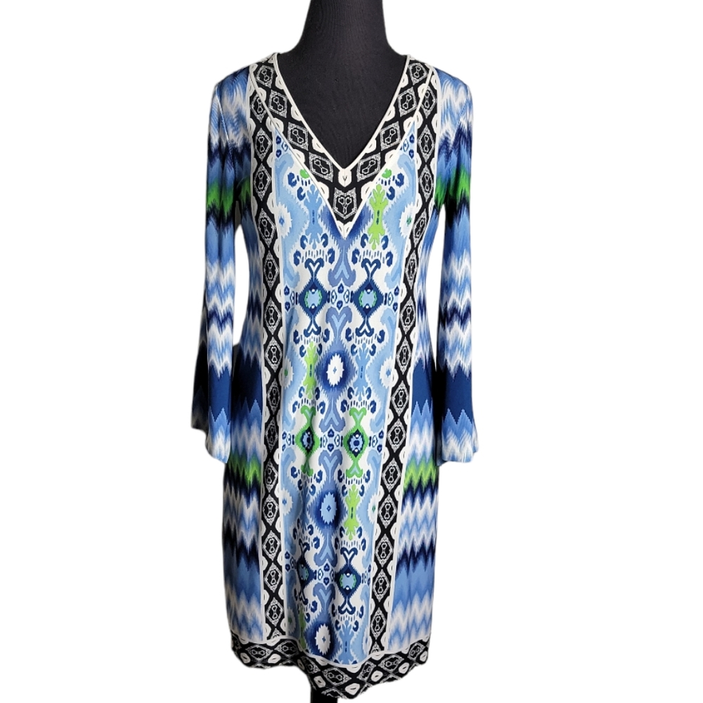 Maggy London women's v neck bell sleeve shift dress blue green print size 2